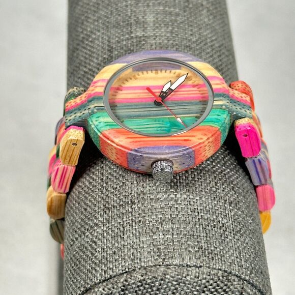 Womens Watch 35mm Round Colorful Rainbow Striped Wooden Sustainable New Battery - Picture 3 of 9
